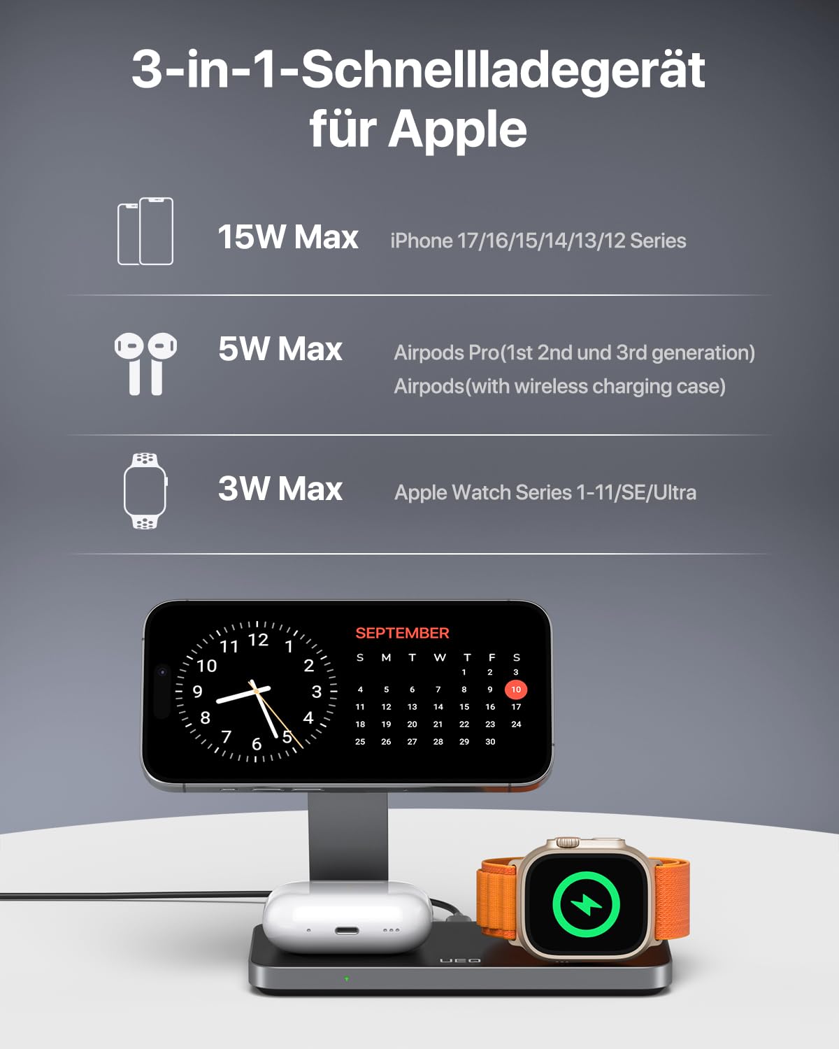 Induktive Ladestation Kompatibel mit Magsafe Ladegerät,QTlier 3 in 1 iPhone Ladestation für Air 17/16/15/14/13/12 Serie,20W Wireless Charger für Apple Watch 10/9/8/7/6/5/4/3 und AirPods (Tief Schwarz) 5