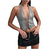 SOLY HUX Women's PU Leather Halter Top Lace Up Sleeveless Backless Y2k Crop Tank Tops