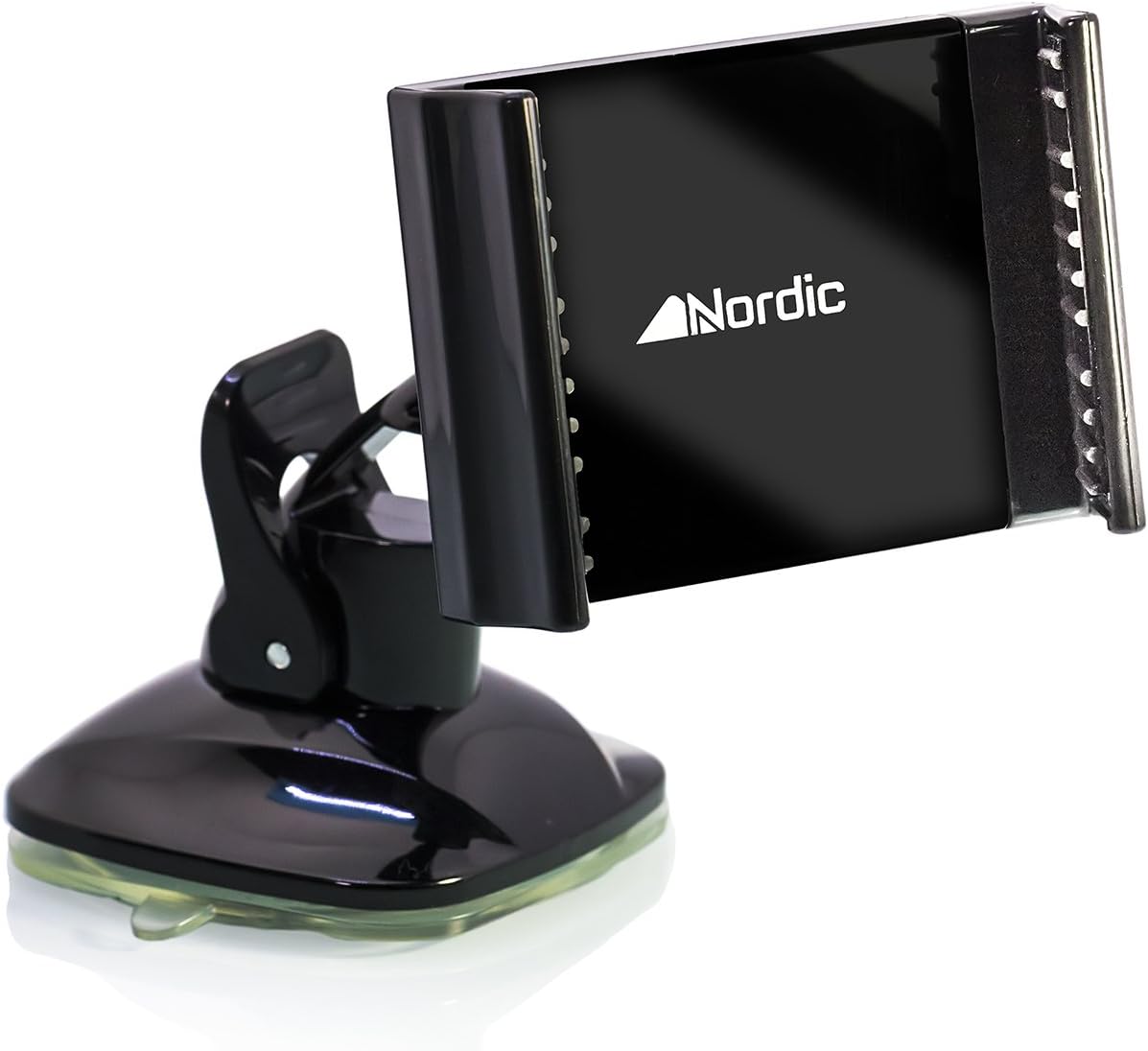 Nordic Suction Holder: Universal Black Clamp Cell Phone Holder for Vehicle or Car Glass or Dash Mount, 30-Second Install with Reusable Gel Lock Latch