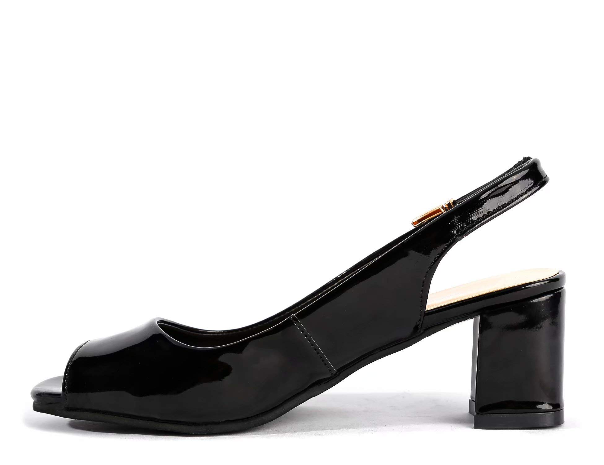 Greatonu Womens Low Chunky Heels Slingback Peep Toe Court Shoes Wedding Party Dress Slip On Sandals Black - Image 4