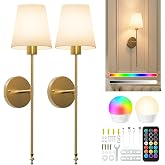 Brightown Battery Operated Wall Sconces Set of Two,Gold Sconces Wall Decor | RGBWW Rechargeable Wall Lights with Dimmable Mag
