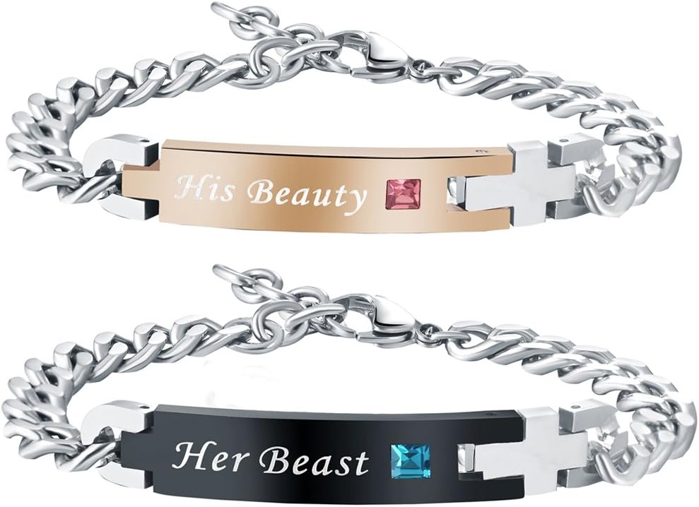 Stainless Steel Couple Bracelets His and Hers Matching Promise Gift (His Beauty Her Beast)