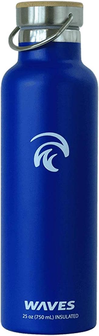 Waves Gear Dual Pane Stainless Steel Insulated Water Bottle, 24 Hours Cold, 12 Hours Hot, 1 Liter, 25 Oz Capacity with Bamboo Cap, Blue
