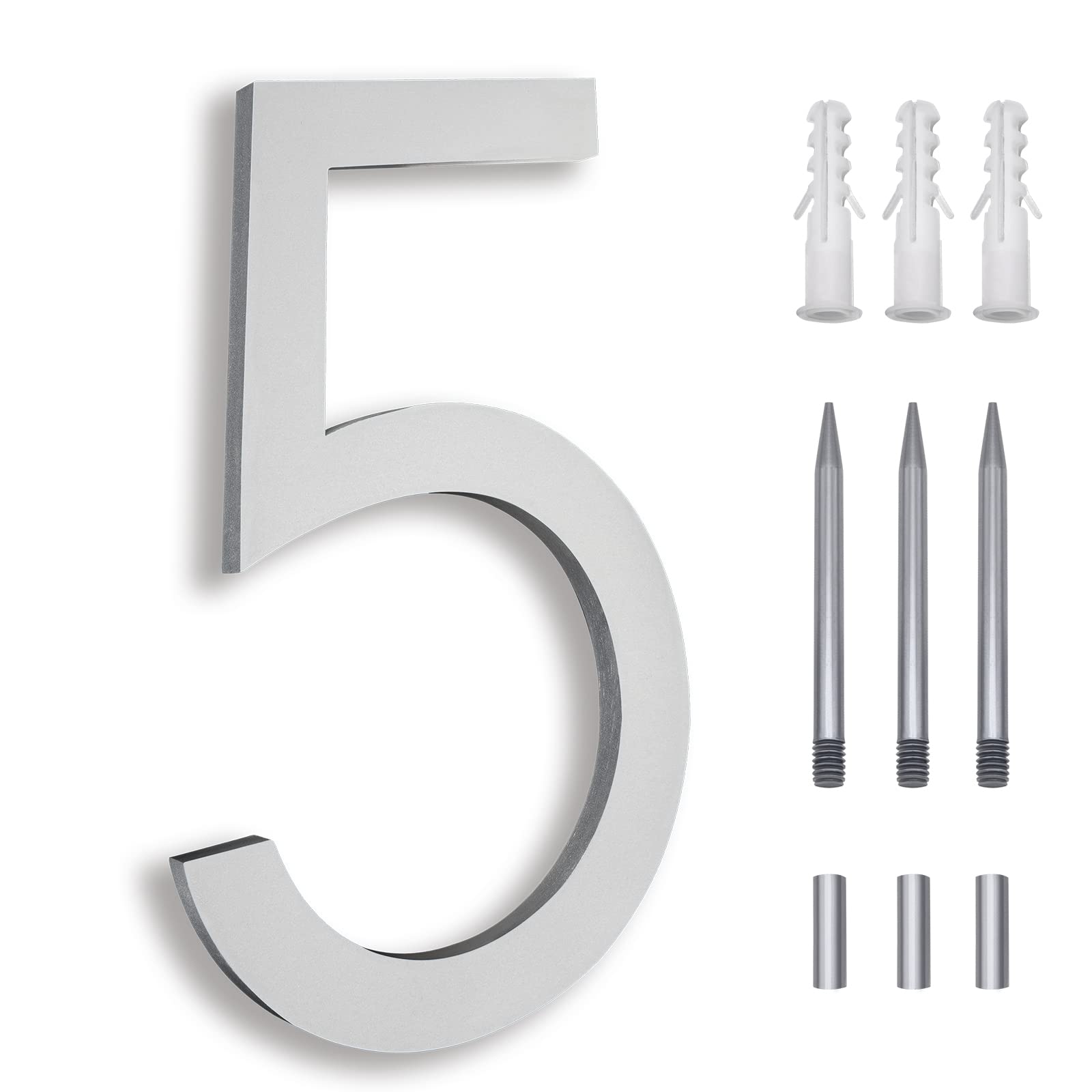 Photo 1 of 8 Inch Floating House Numbers, Address Numbers for Outside, Metal Silver Large Modern House Numbers, Door Numbers for Mount Aluminum Silver Number 5