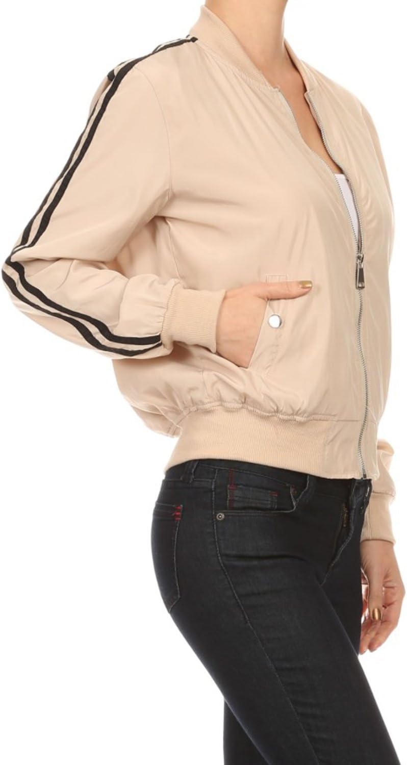 makeitmint Women's Solid Stripe Flight Bomber Jacket w/Pockets