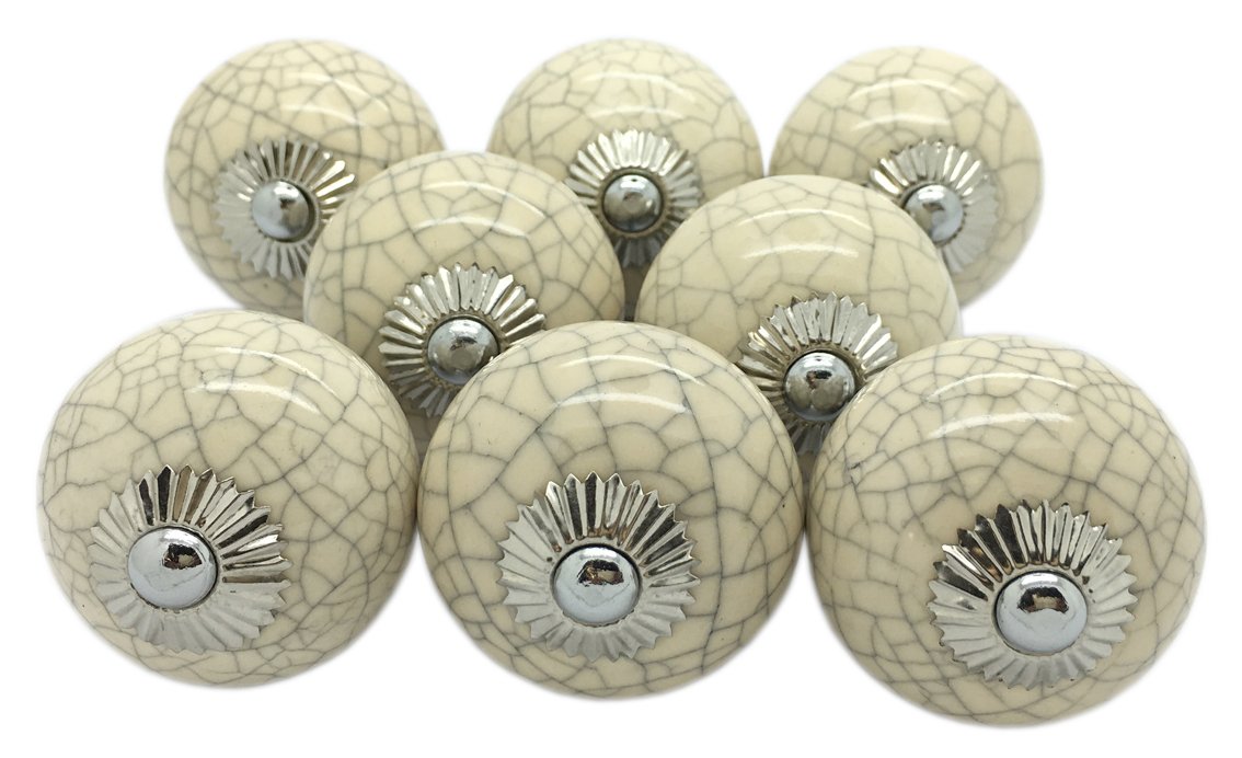 G Decor Cream Crackle Handmade Design Round Ceramic Door Knobs, Vintage, Shabby Chic, Interior Furniture, Cabinet Wardrobe Cupboard Drawers Pulls Handles (8-Pack)
