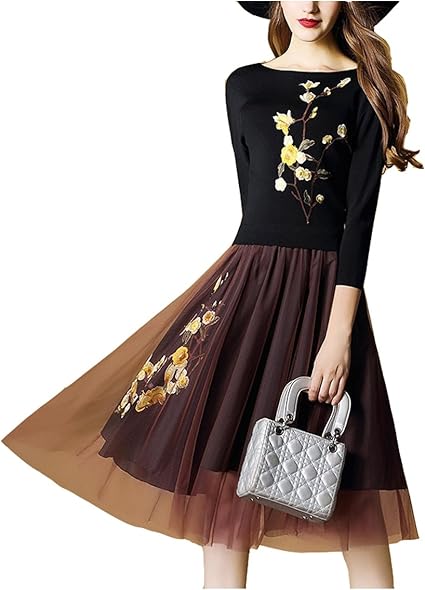 Amazon Lisa Pulster レディース ワンピース ドレス セーター 結婚式 花嫁 ロング 大人aライン 黒ロング丈ワンピース 服 ゆったり 刺繍 花柄 オシャレ ファション ブラック カーキ ワンピース チュニック 通販