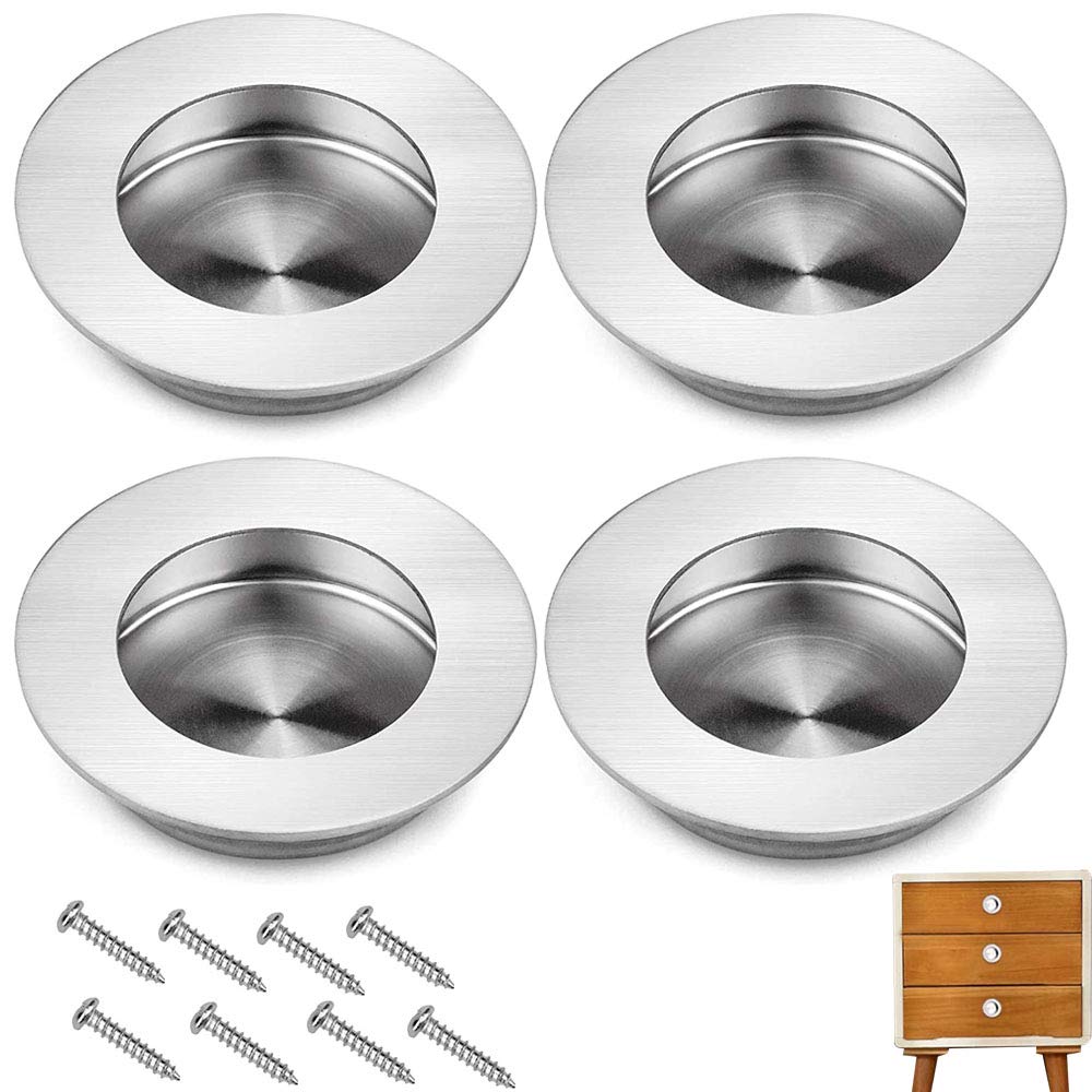 4 Pieces Flush Door Pull Handle, Stainless Steel Concealed Handle, Round Recessed 40mm Recessed Flush Finger Pull with 8 Screw for Drawers, Shoe Cabinets, Wardrobes, Cupboard, Sliding Doors