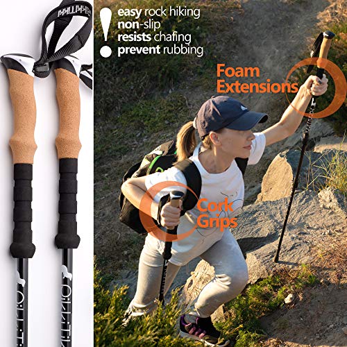 RikkiTikki Carbon Fiber Trekking Poles - Lightweight Collapsible Walking Poles with Cork Grips, Quick Locks, Carry Bag - Bonus: Selfie Shutter with Camera Mount