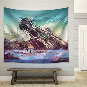 Illustration - Spaceship Crashed on Blue Field,Illustration Painting - Fabric Wall Tapestry Home Decor - 51x60 inches