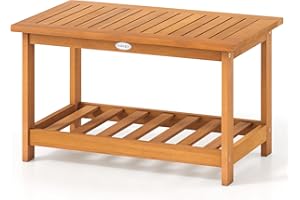 Tangkula Outdoor Acacia Wood Coffee Table, Patio 29.5” Rectangle Slatted 2 Tier Coffee Table with Storage Shelf, for Outside Balcony Patio Poolside