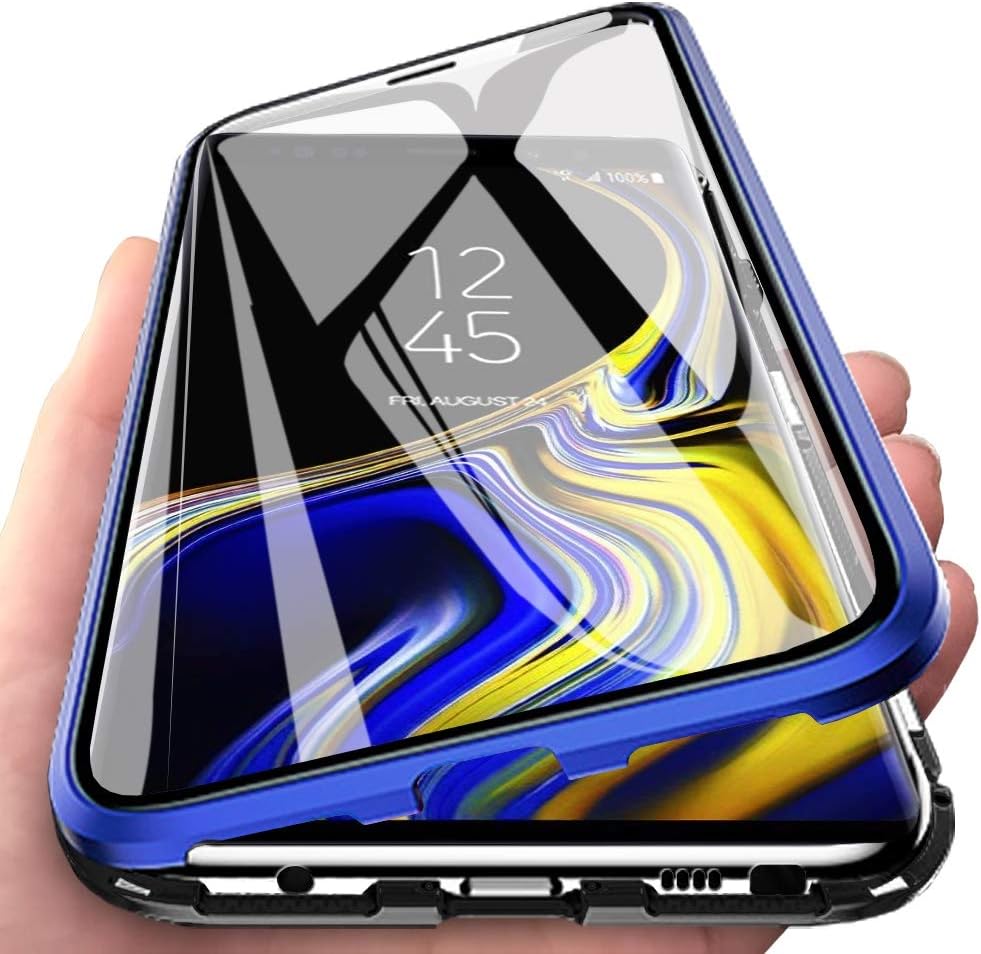 Eabuy Galaxy Note 9 Case, 360° Full Body Transparent Tempered Glass with Magnetic Adsorption Metal Bumper Case Cover for Samsung Galaxy Note 9 Blue Black