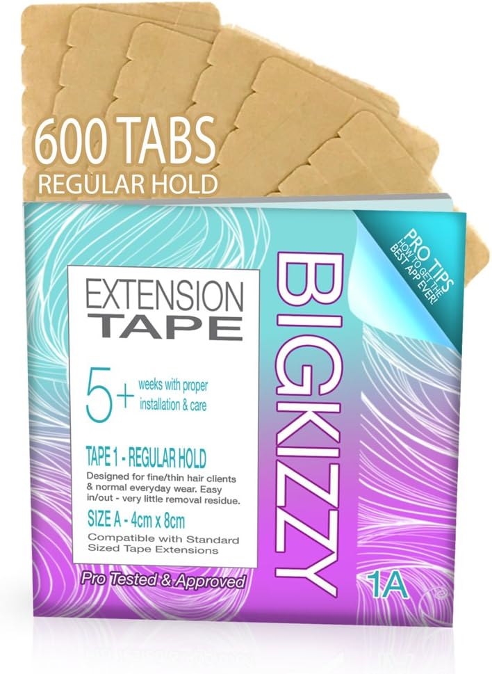 600 Tabs Regular Hold (Size 1A) 4cm x .8cm Hair Extension Tape. Compatible with Hot Heads, Hairdreams, Babe & Most Other Brands. Professional Double Sided Hair Extension Replacement Tape.