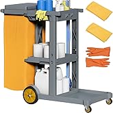 YITAHOME Grey Housekeeping Carts, Janitorial Cleaning Cart on Wheels | 3-Shelf Commercial Traditional Plastic Janitor Cart with Lid &amp; 2 Yellow 25 Gallon Vinyl Bag, Mop &amp; Broom Holders
