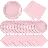 Tiangrid 120 Pcs Pink Paper Plates and Napkins Party Supplies Bulk Disposable 7 Inch Scalloped Plates Cocktail Napkins for Wedding Bridal Baby Shower Birthday Decorations, Serve 60 Guests