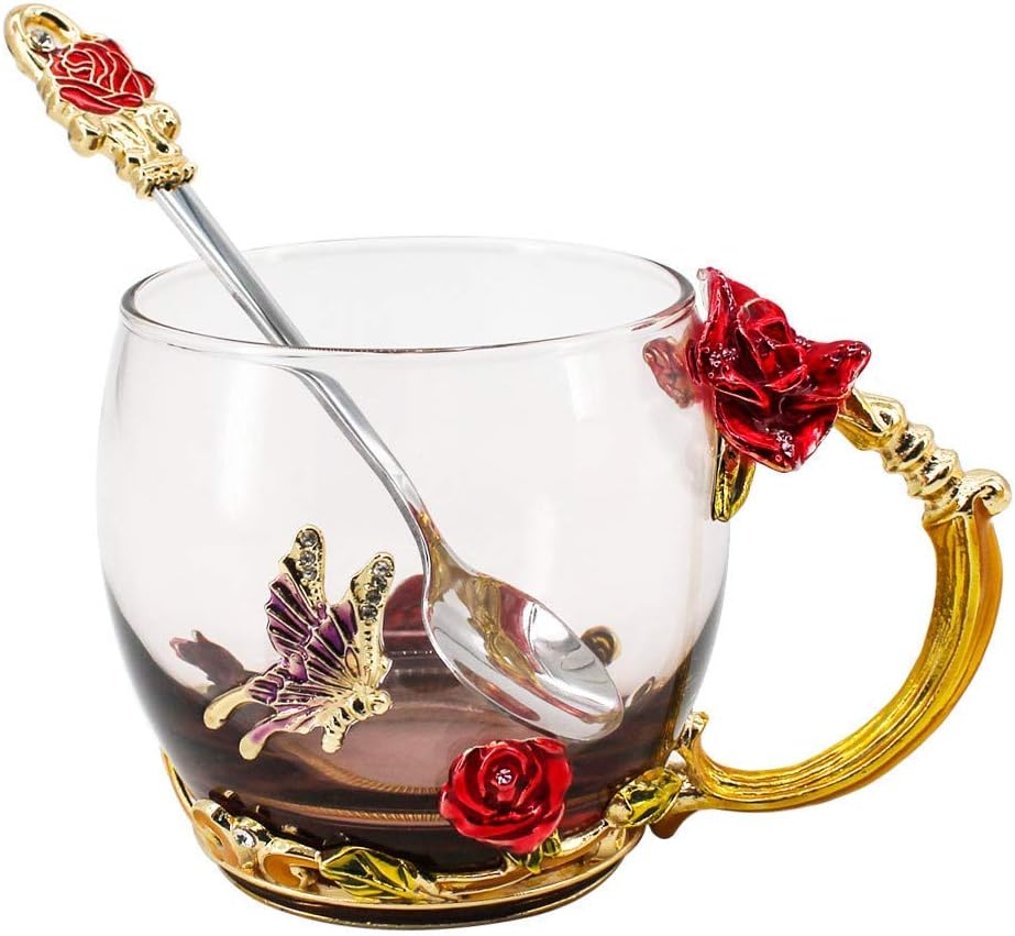 VANUODA Enamel Butterfly Flower Tea Cup, Glass Coffee Mugs Gifts for Women, Mother's Day