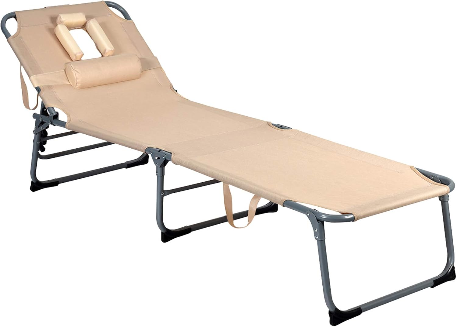 GYMAX Beach Chaise Lounge, Adjustabel Folding Sunbathing Recliner with Face Hole & Removable Pillow, Portable Folding Cot for Beach Patio Backyard (1, Sand): Garden & Outdoor