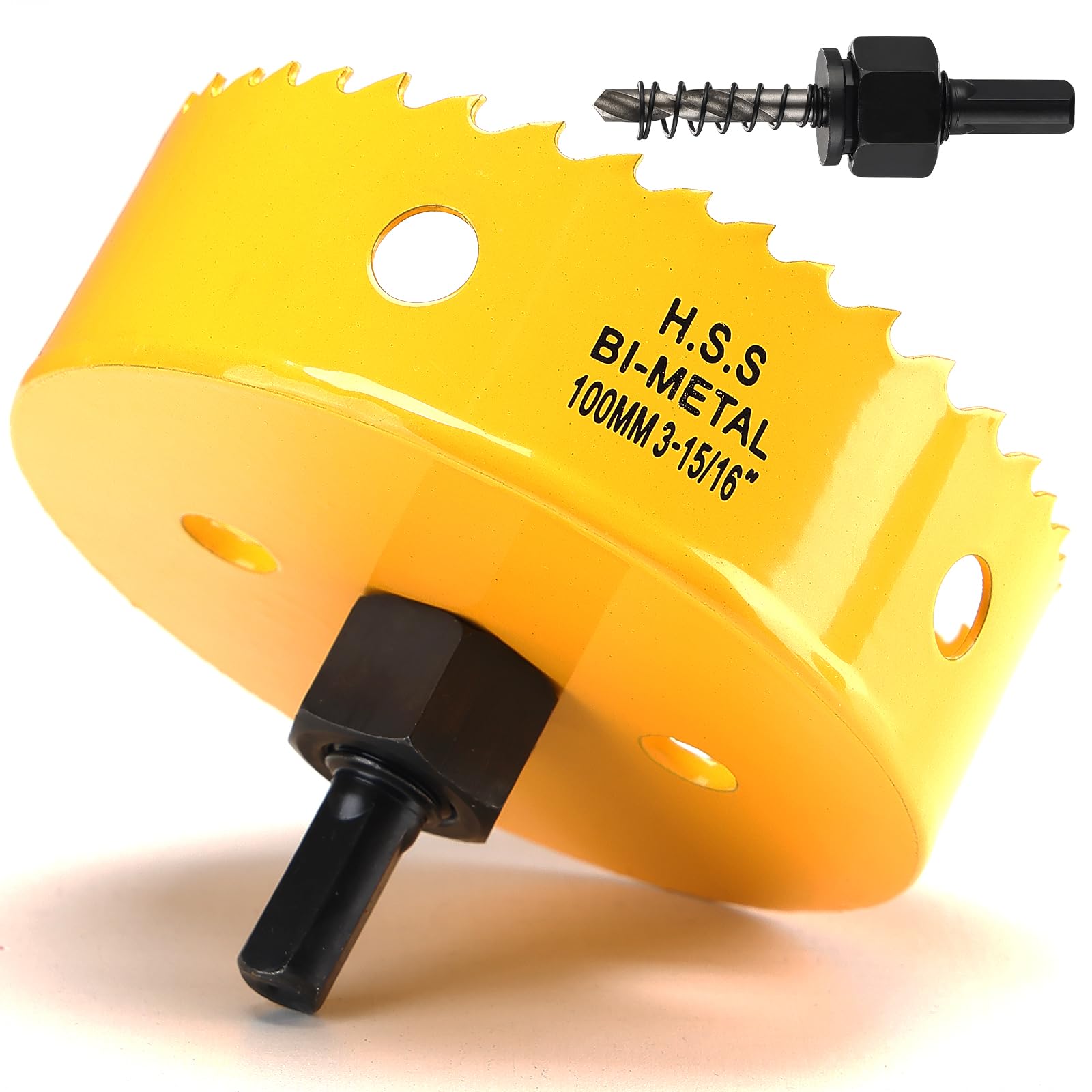 100mm Hole Saw, HSS Bi-Metal Hole Cutter with Drill Bit for Wood, Plastic, PVC, Fiberglass and Plasterboard, Yellow