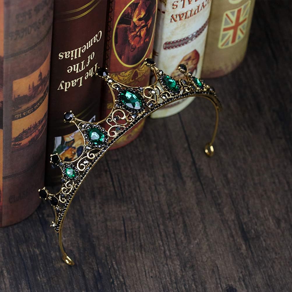 Lurrose Green Crystal Crown Golden Tiara with Black Rhinestone Decor Baroque Bridal Jewelry, Golden,Green,Black - Image 5