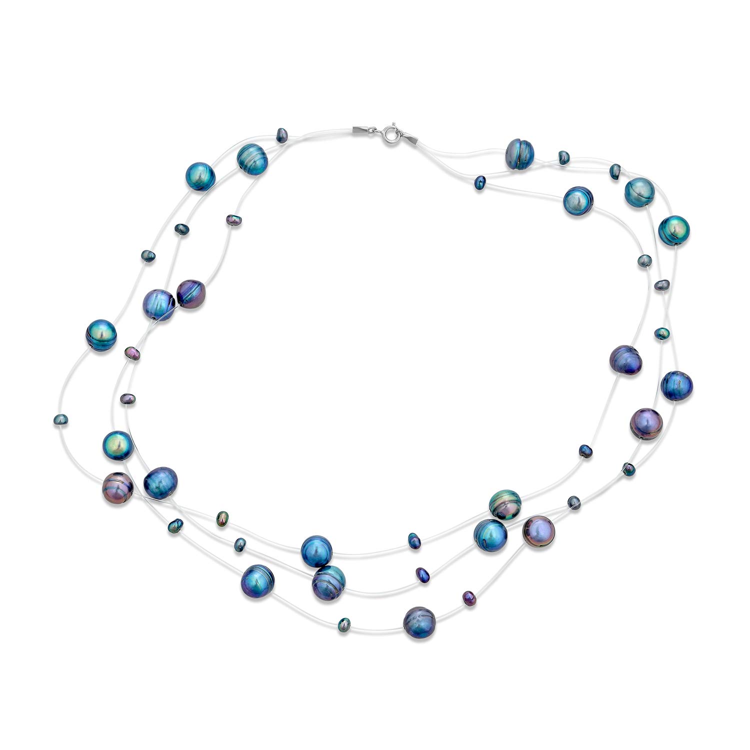 Bling Jewelry Shades of Grey Blue Multi Strand Fishing Line Freshwater Cultured Pearl Illusion Necklace For Women Wedding Bridesmaid Formal Party