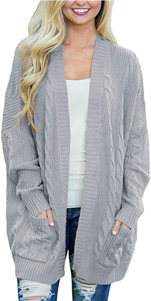 Pervobs Womens Knitted Cardigan Loose Solid Open Front Long Sleeve Pocket Sweater Coat Tops Blouse