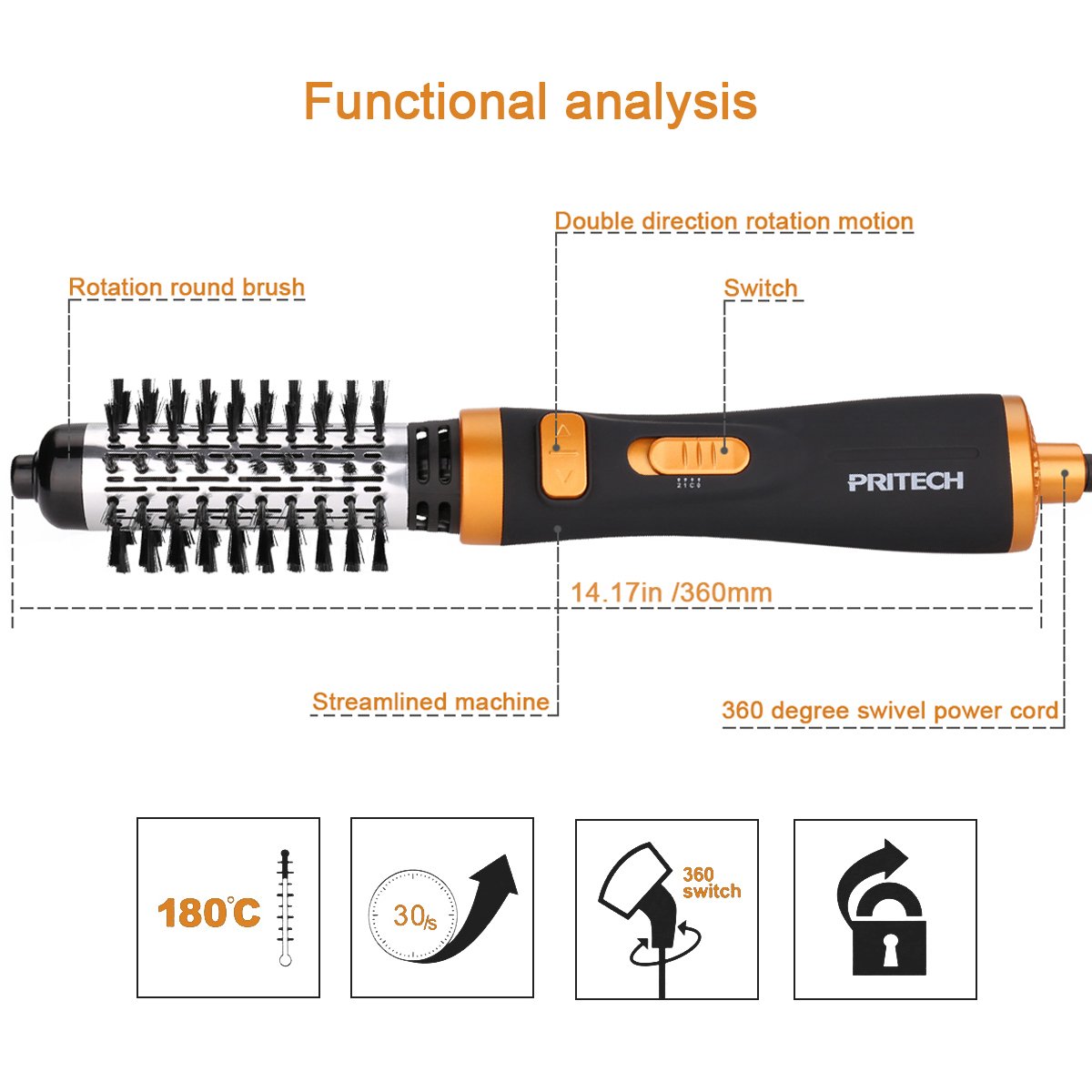 PRITECH 2-in-1 Rotation Hot air Styler,Professional Electric Hair Curler Perfect Curling Iron Brush Personal Care Hair Styling Tools
