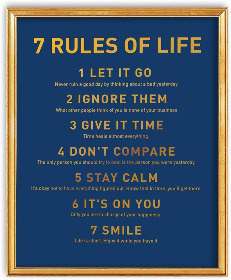 7 Rules of Life Inspiring Motivational Quote Gold Foil Wall Art Print - Great Gift for Home Living Room Bedroom Office Decor - 8 x 10 Unframed