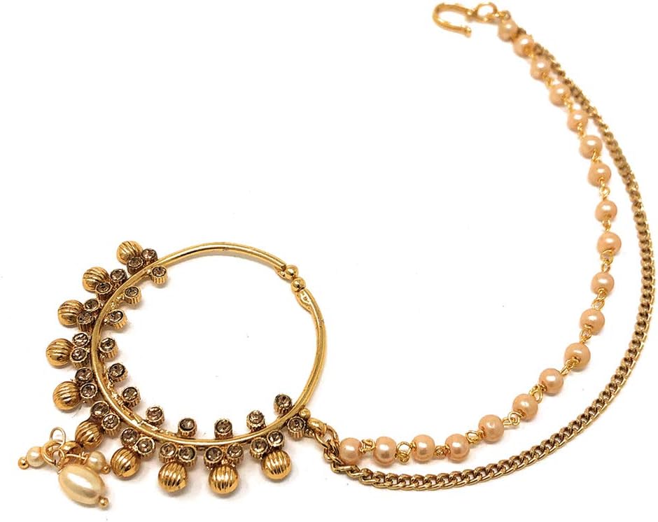 Duel On Jewel Vintage Ethnic Pakistani Indian Gold Plated Bollywood Nose Ring in Kundan