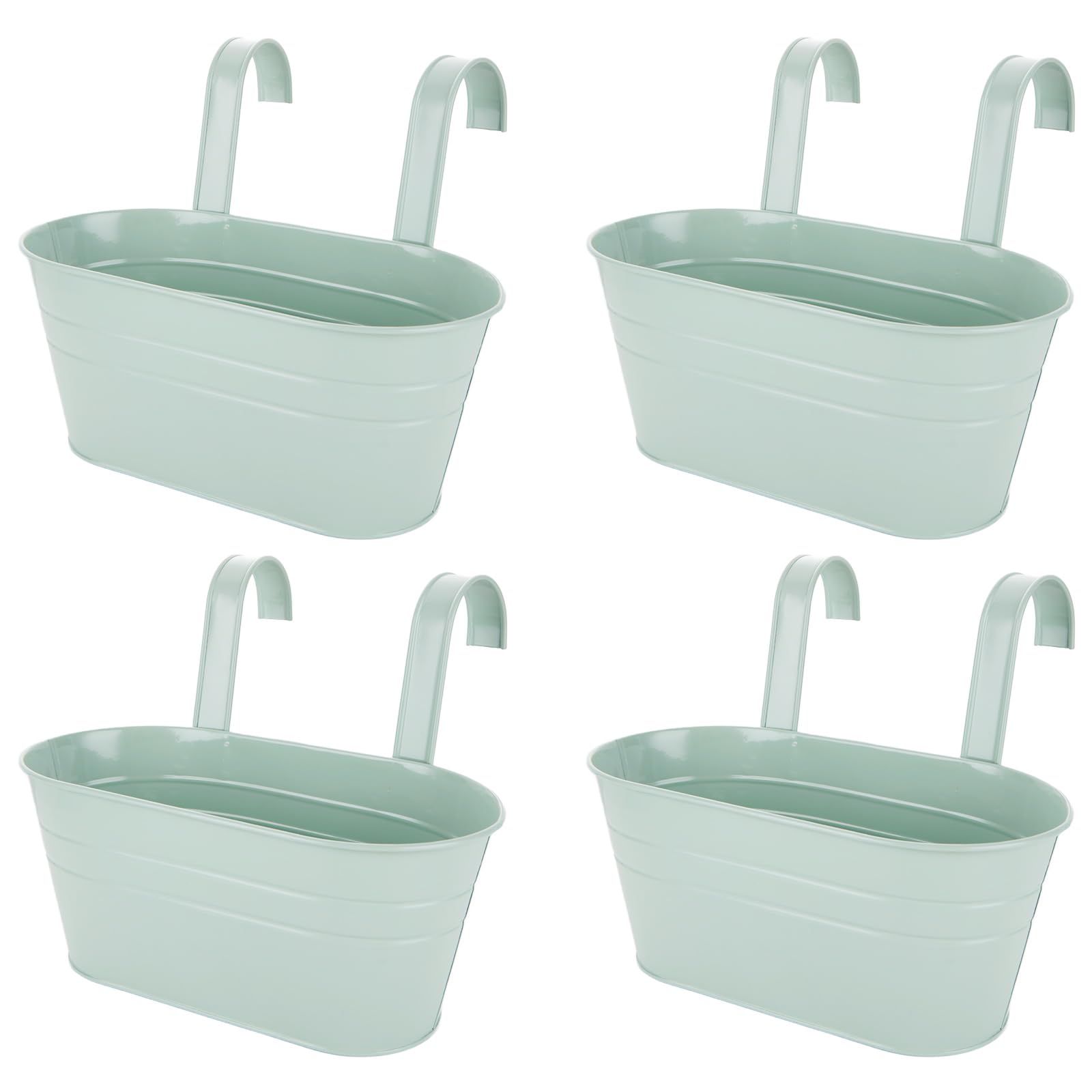 APACALI 4 PCS Metal Hanging Flower Pots, 27cm Over Fence Planters, Balcony Planters for Railing, Fence Hanging Planter with Detachable Hooks, Hanging Plant Pots Outdoor for Fence, Garden, Home, Green