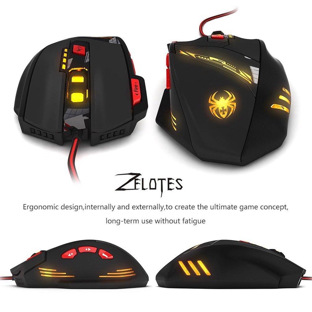 Gaming Mouse, Zelotes 9200 DPI Wired PC Gaming Mice, 8 Buttons Ergonomic Grips, 13 LED Mode and Weight Tuning Set for Windows Mac Macbook Linux - Black