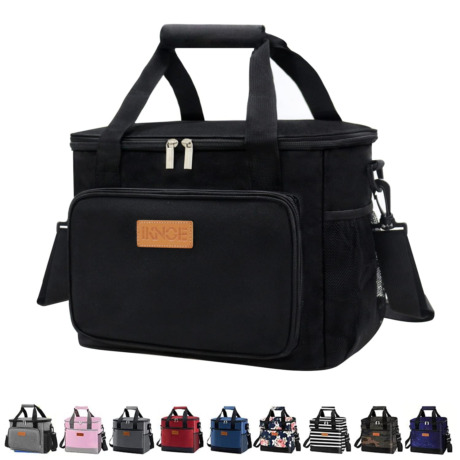 iknoe Thickened Lunch Bag, Soft Coolers Insulated Leak Proof, Tote Bags with Zippered Top, Great for Work, Picnic and Beach, Black 18-Can