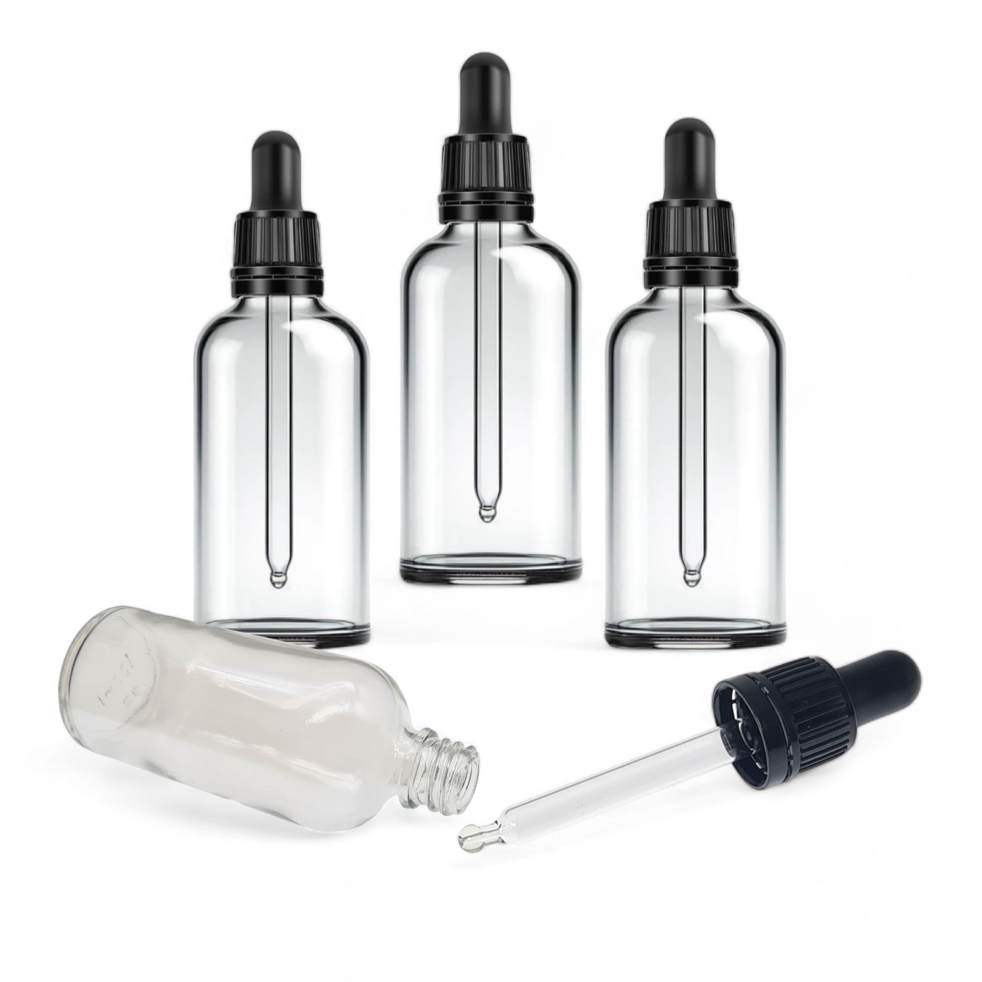 Elegant Clear Glass Dropper Bottles - Set of 4 - Ideal for Aromatherapy, DIY Beauty, Arts, Crafts and Gifting – Secure Black Tamper-Proof Pipette - Refillable & Stylishly Compact (100ml, Clear)