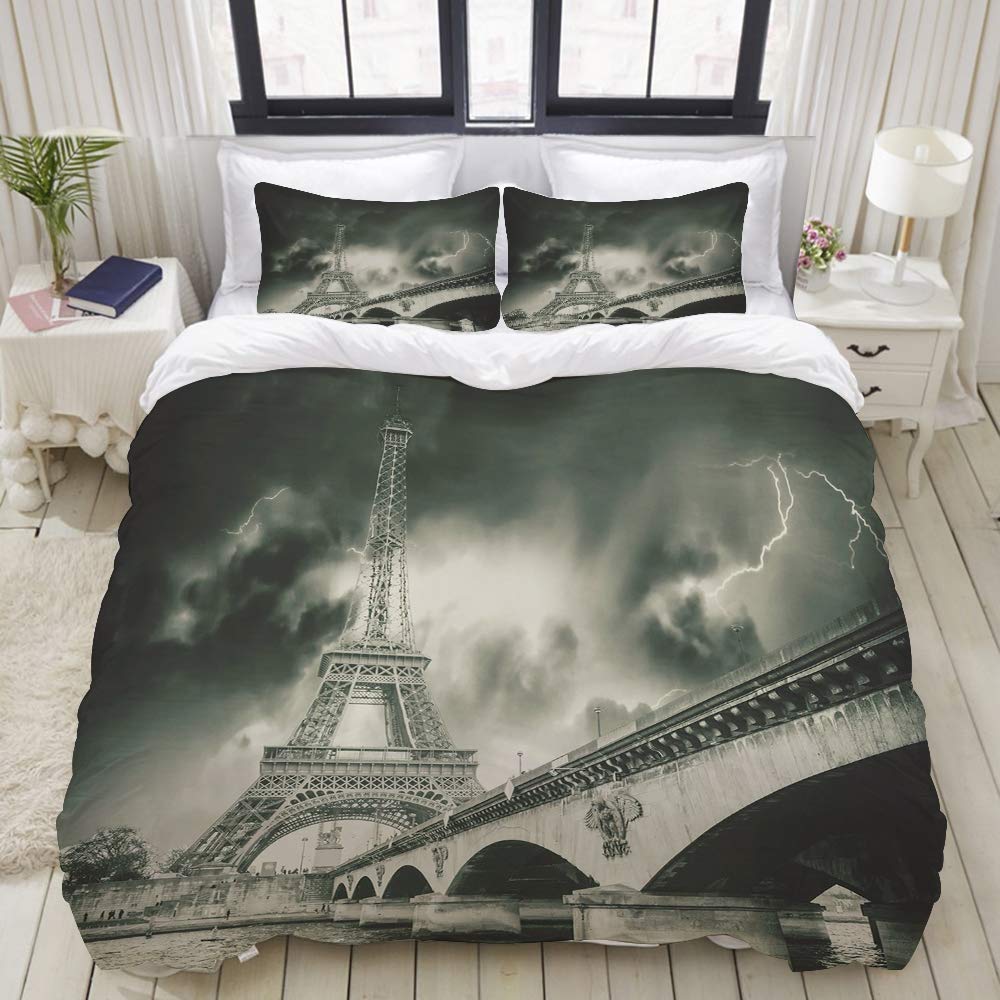 CANCAKA Duvet Cover Set, Storm Above Eiffel Tower Dramatic Night Sky View with Flash of Thunder Dark Clouds, Custom 3 Piece Bedding Set with 2 Pillow Shams, King Size