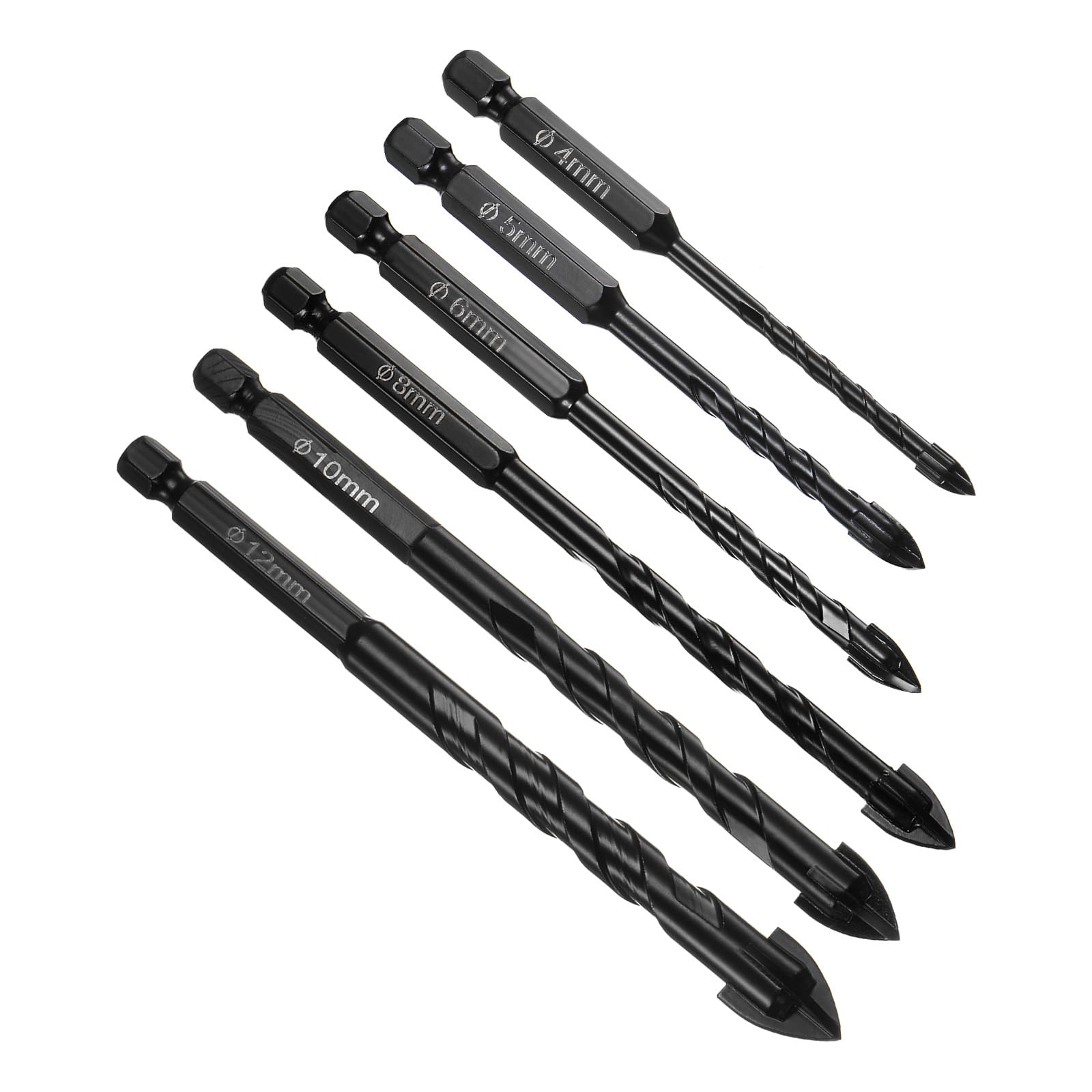 CoCud Masonry Drill Bit, 4-12mm Cutting Dia 90-124mm Length 1/4" Hex Shank Carbide Cross Tip Concrete Drill Bit Set Black - (Applications: for Wood Glass Brick Cement), 6-Pieces