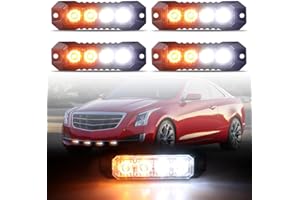 Raryloy 4-LED Surface Mount Strobe Lights for Trucks Car Vehicle Mini Grille Flashing Light Head Emergency Hazard Warning Grill Lamp Ultra Slim 4pcs Sync Feature (Amber&White)