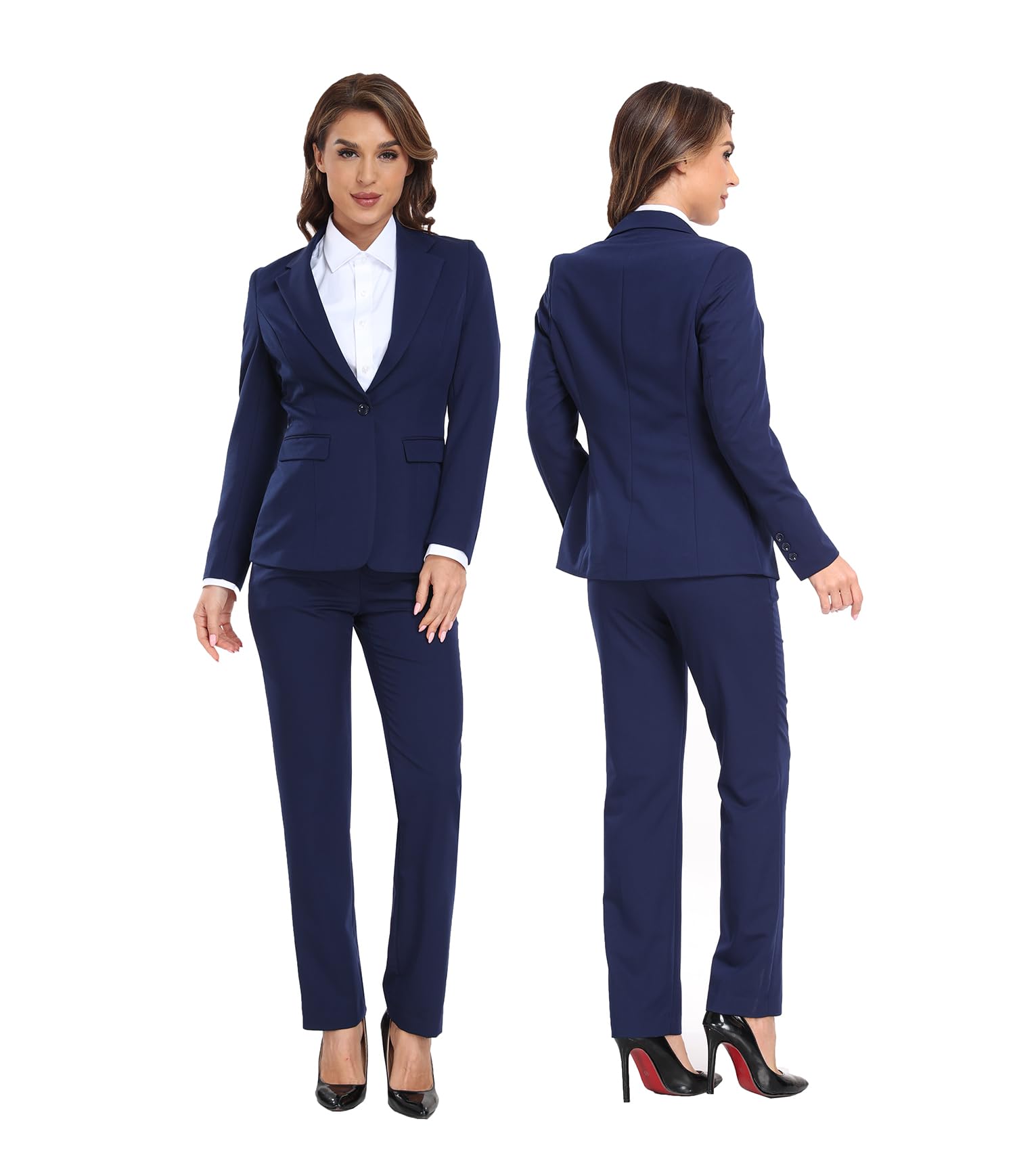 Condition photo showing New/Like New for women's suiting navy lady formal jacket 2 piece outfit business office one button blazer pant slim f