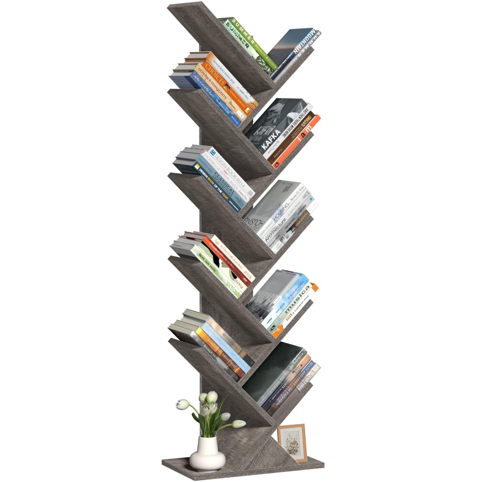 Photo 1 of SHEEPAM 10 Tier Tree Book Shelf, Floor Standing Wood Bookshelf for Narrow Space, Storage Organizer Bookshelves for Books/CDs/Magazine, Bookcase with Shelves for Home Office, Living Room - Light Grey