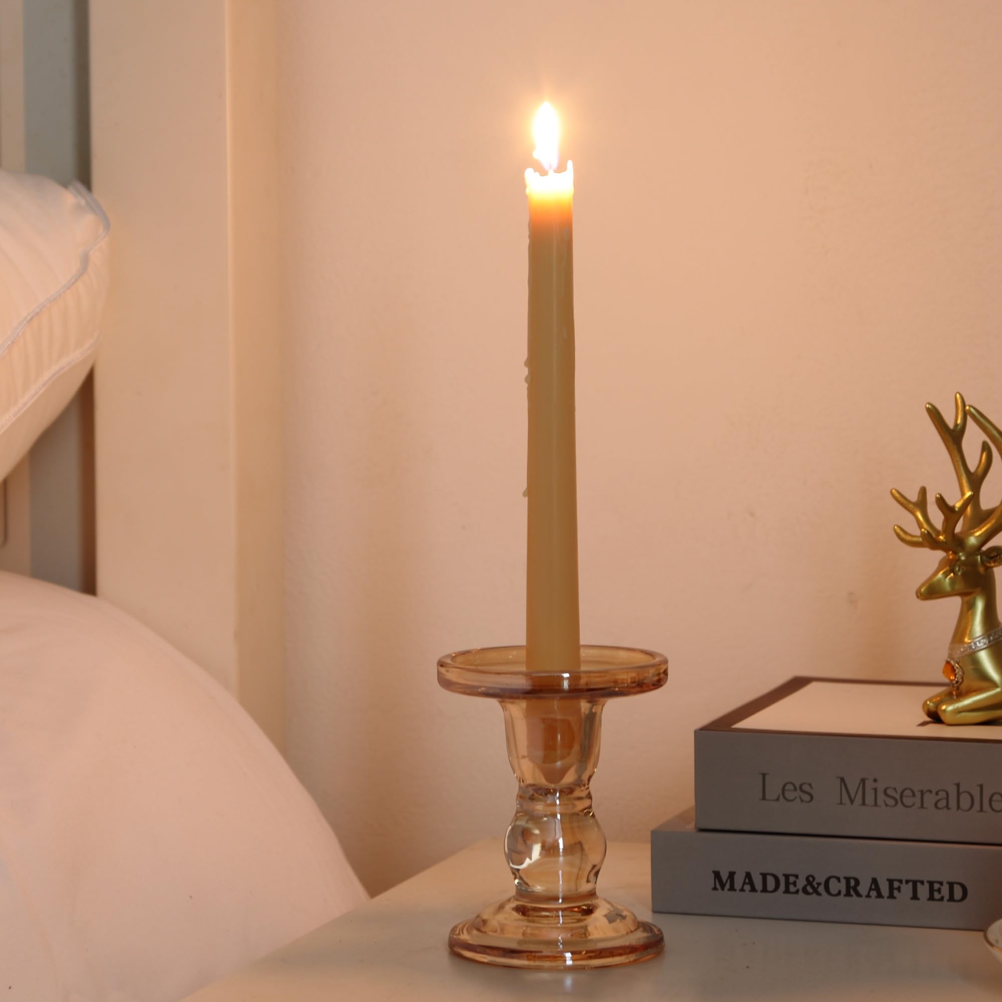 Amber Glass Candle Holder Set, QENUIITEA Set of 3 Clear Candlesticks Holders Pillar Taper Candles Tea Light Stand for Centerpieces Church Wedding Party Home Decor Dining Table