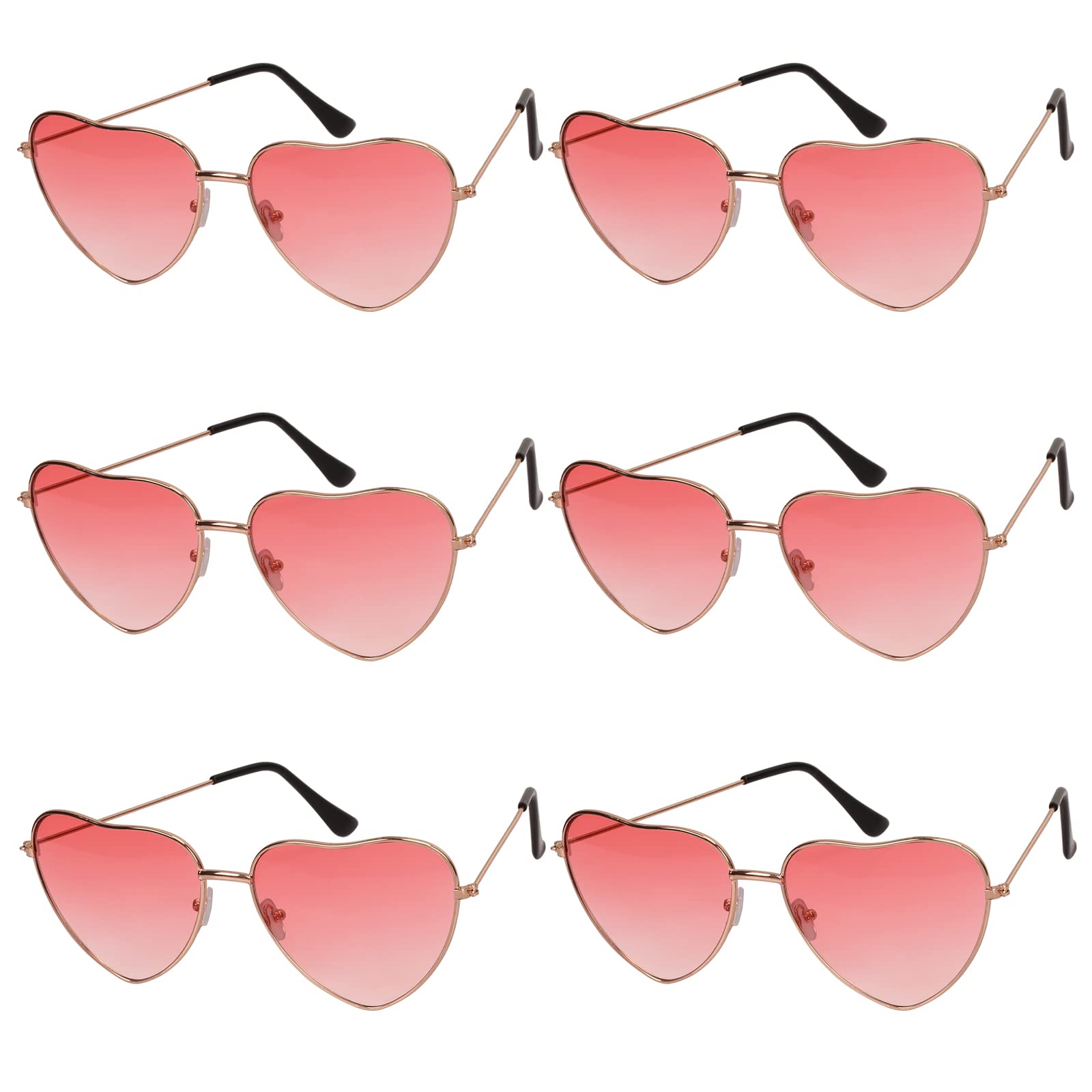 WEDNOK 6 Pairs Hippie Specs Glasses Heart Shaped Hippy Sunglasses with Red Lens Rose Gold Frame for Fancy Dress Cosplay Party Festival Daily Use World Book Boy Girl Costume Accessories