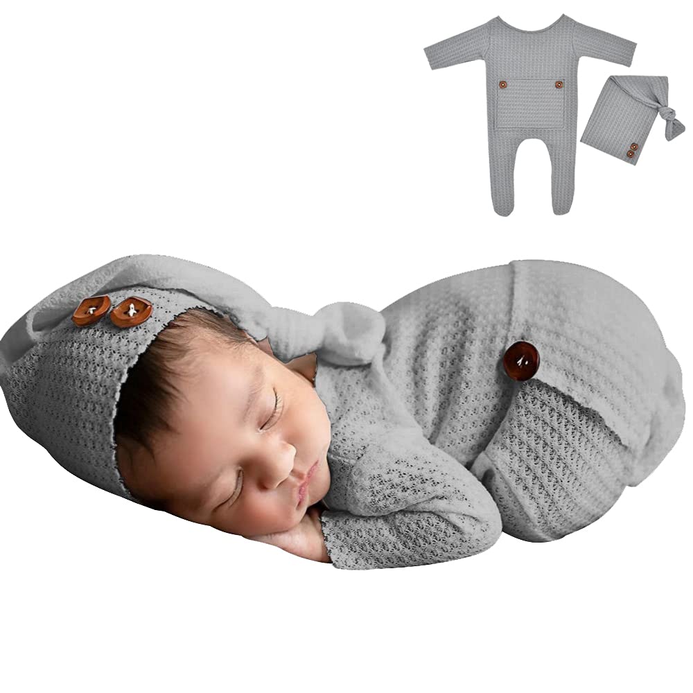 Winmany Baby Crochet Knit Photo Photography Prop Outfits,2PCS Newborn Photo Prop Romper Hats Costume Infant Accessories (Grey)
