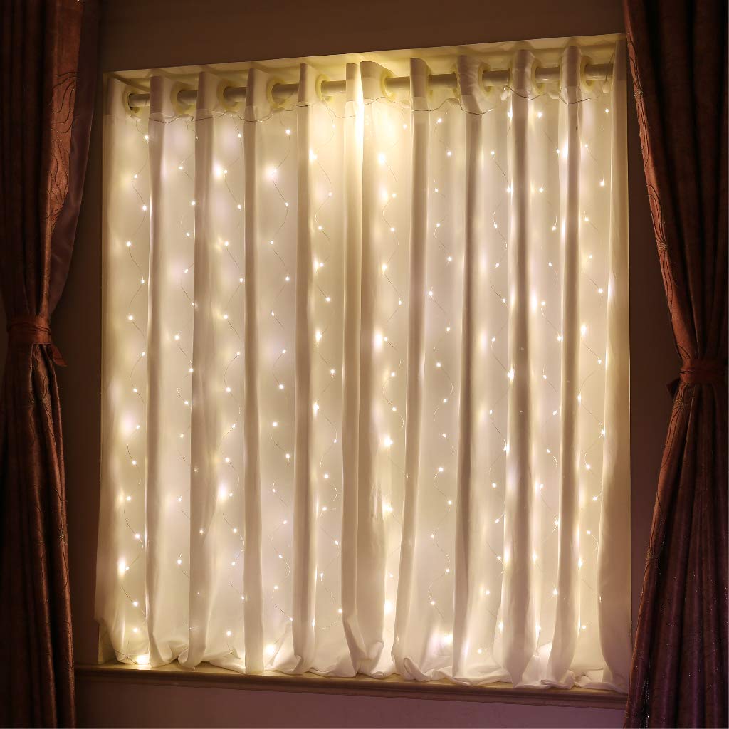 Photo 1 of HXWEIYE Short Curtain Lights for Small Window, 3.3x5Ft USB Plug in Warm White Fairy Light with Timer & 8 Clips for Bedroom, 96Led String Light for Bedroom Indoor Weddings Party Garden Wall Décor
