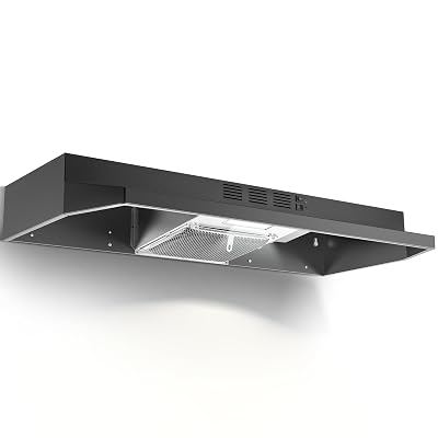 Zomagas Under Cabinet Range Hood 36 inch, Ducted/Ductless Vent Hood with 2 Speeds Fan, Black Range Hood with Rocker Button Control, Kitchen Hood 280CFM, Bright LED Light