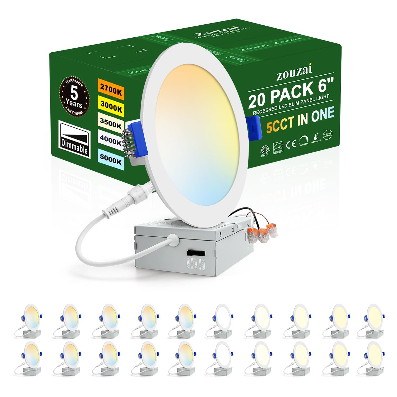 Photo 1 of zouzai 20 Pack 6 Inch Ultra-Thin LED Recessed Ceiling Light with Junction Box 5CCT Adjustable Dimmable Can-Killer Downlight - ETL and Energy Star Certified