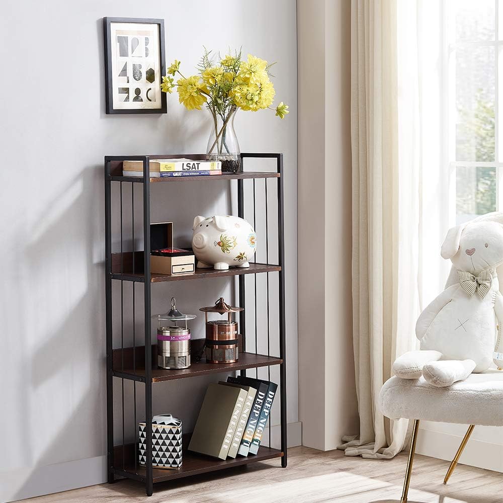Bookshelf, 4 Tier Shelf Industrial Bookcase Rustic Storage Standing Rack Shelf Organizer with Wall Lock, Wood Look with Metal Frame Vintage Shelves Morden Book Shelves for Bedroom Home Office (Walnut)