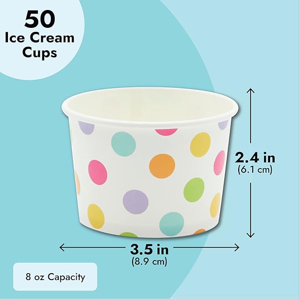 BLUE PANDA PAPER ICE CREAM CUPS – 50 COUNT, RAINBOW POLKA – DISPOSABLE FOR SUNDAES & SNACKS – ICE CREAM BOWLS – PARTY SNACK CUPS