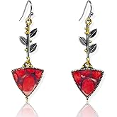 KaFu Bohemian Antique Long Drop Earrings Handmade Creative Leaf Triangle Bohemian Dangle Drop Earrings Peanut Wood Opal Earrings for Women Girls