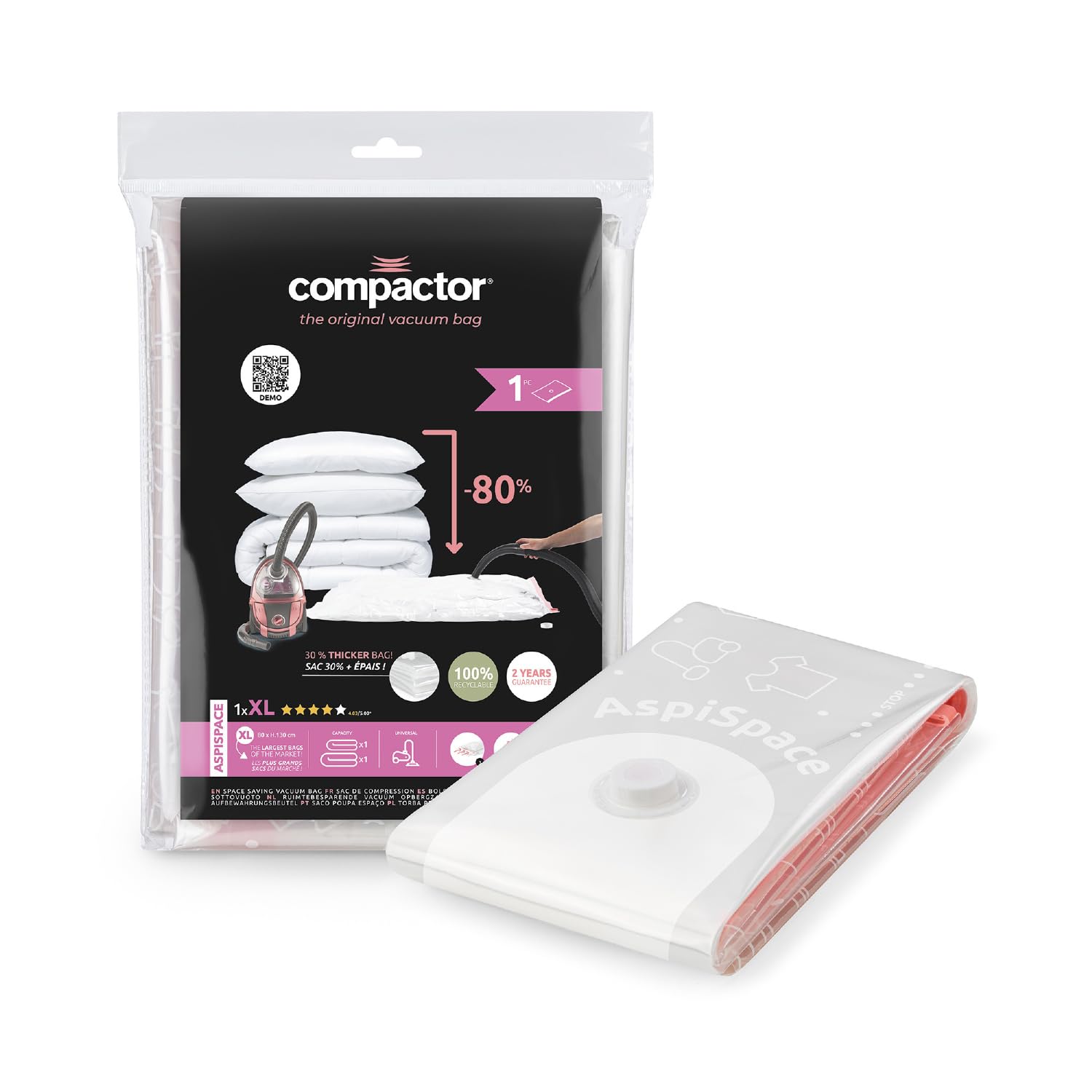 Compactor Aspispace XL Vacuum Compression Bag, 80X130 cm, Transparent, Reusable and Durable Storage Solution