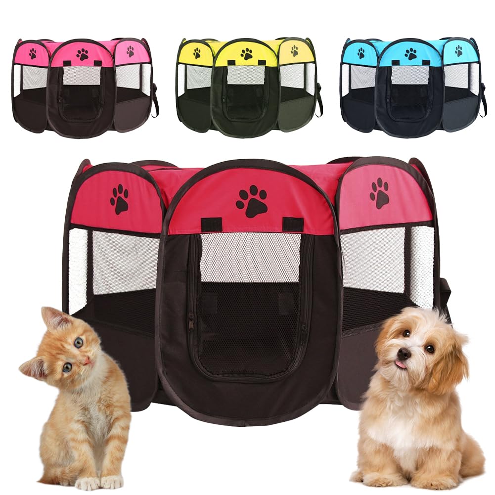 Piashow Puppy Playpen Animal Playpen Foldable for Dogs Puppy Run Oxford Fabric Dog Kennel Waterproof Playpen for Dogs Rabbits Guinea Pigs Cats for Indoor or Outdoor Use Wine Red