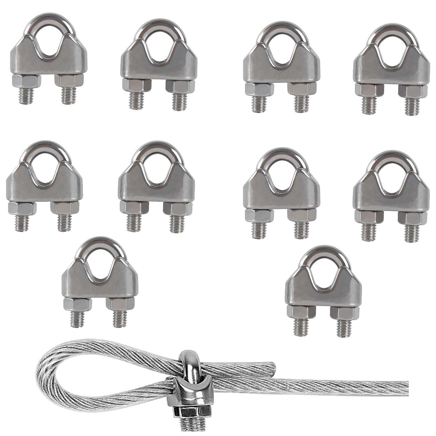 M6 Stainless Steel Wire Rope Clip Clamp, U Bolt Saddle Clamp, for Rigging and Tension Cable Industry - 10pcs