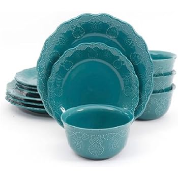 Pioneer Woman Dinnerware Set Ree Drummond 12 Pc Cowgirl Lace (Teal)